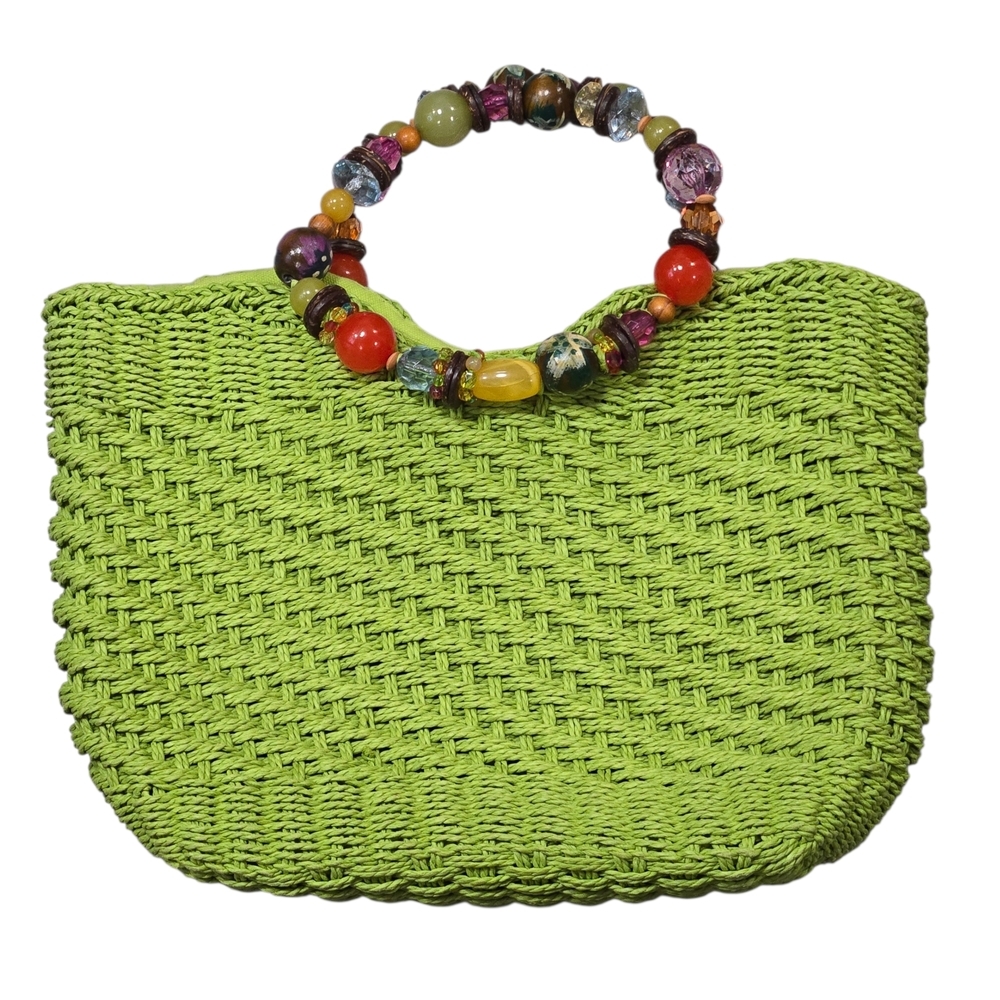 Capelli Staworld Bright Green Woven Straw Handbag - Beaded Handle Boho 9x12 Bag